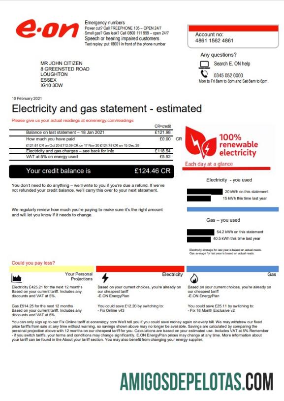 para download Modelo de conta de serviços públicos E.ON do Reino Unido em formato Word e PDF, versão 3 2